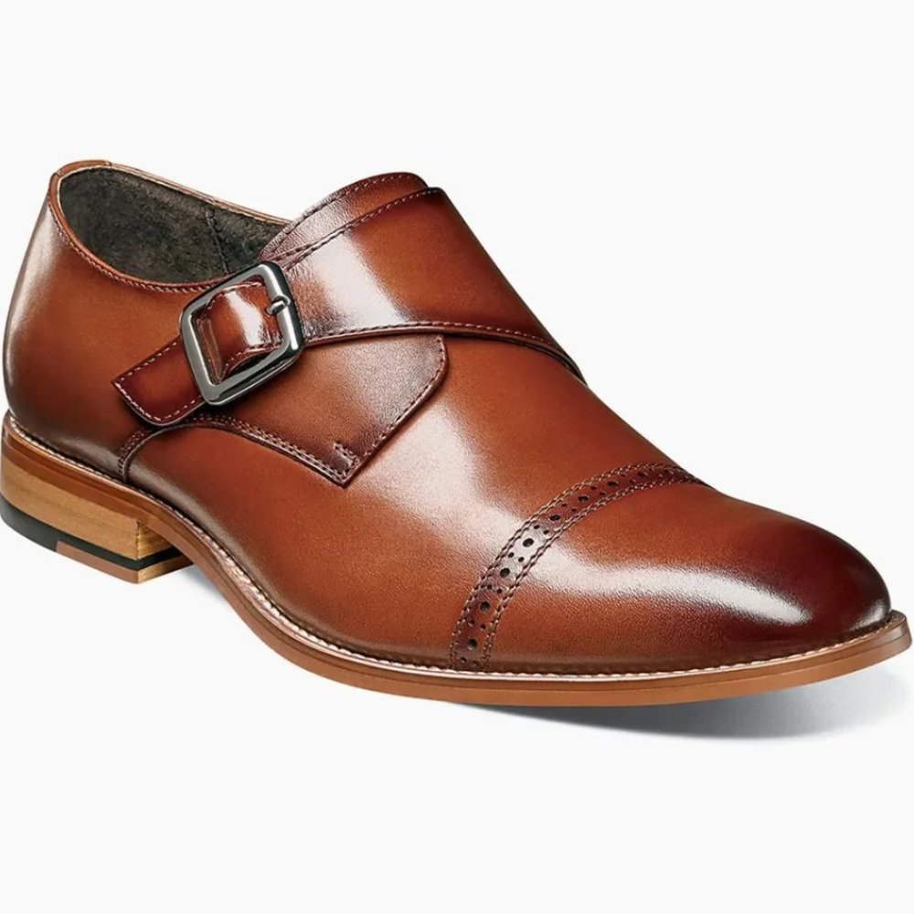 Men's Stacy Adams Desmond Cap Toe Monk Strap Cognac/Brown Buckle Dress Shoes
